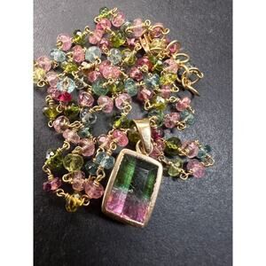 Vintage 14k & 18k gold watermelon tourmaline pendant necklace